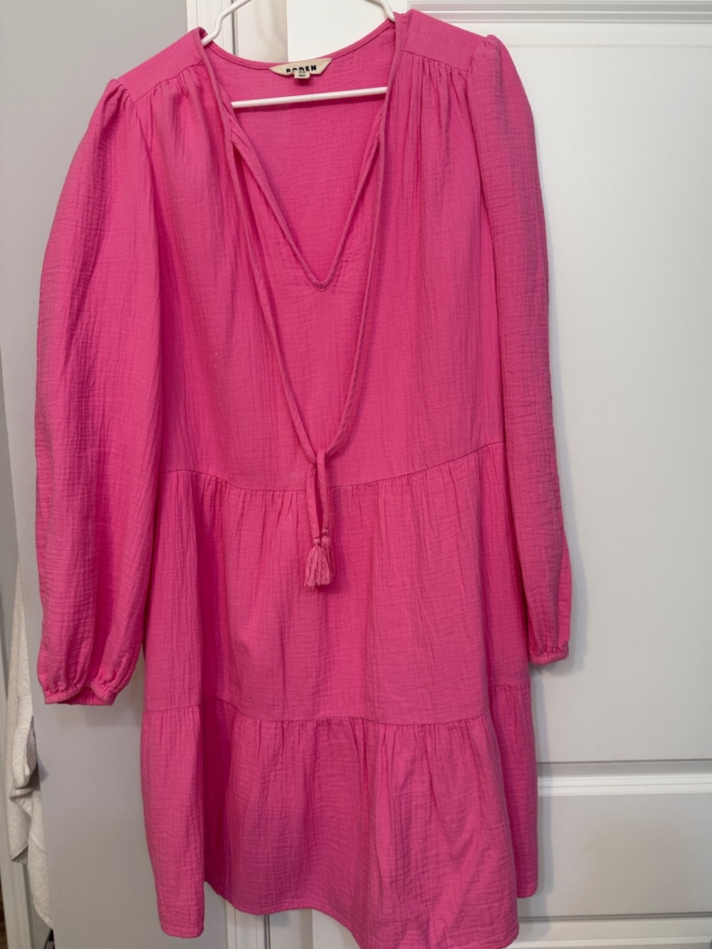 Boden Bright Pink Long-Sleeve Tiered Peasant Dress